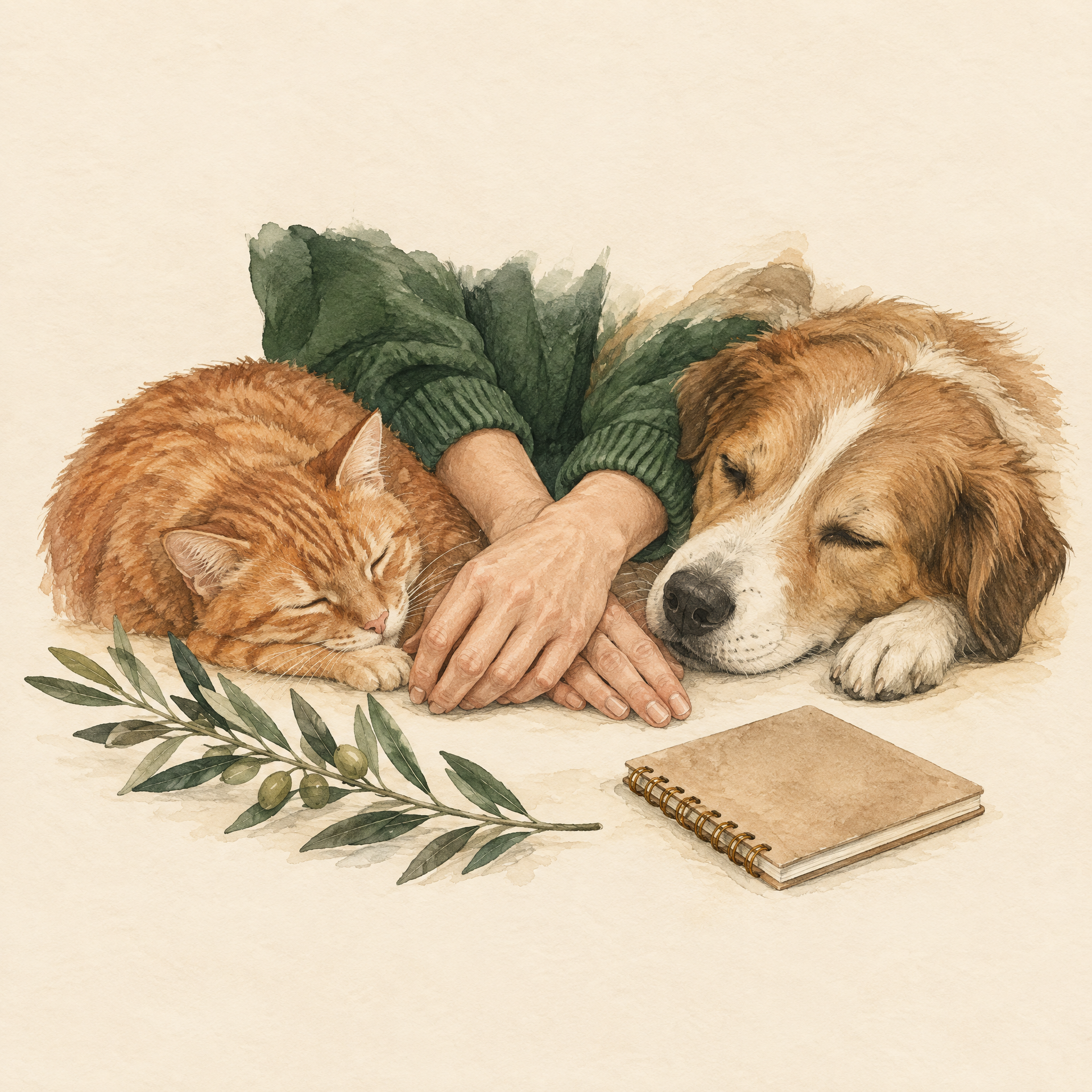Ruhige Illustration mit Tier, Notizbuch und Naturzweig